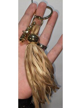 Gold & Tan Faux Leather Tassel Keychain With Clip & Ring 8.5 Inches Long